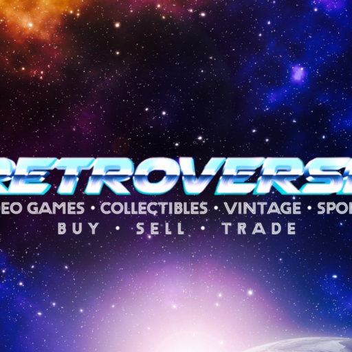 Retroverse video games collectibles vintage sports buy sell trade logo over a galaxy background