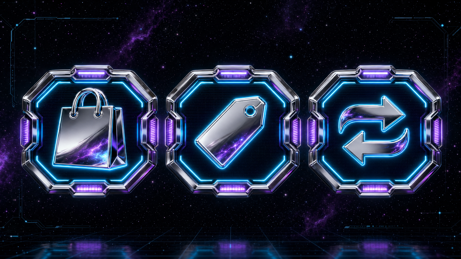 Futuristic Buy Sell Trade badges in Retroverse style