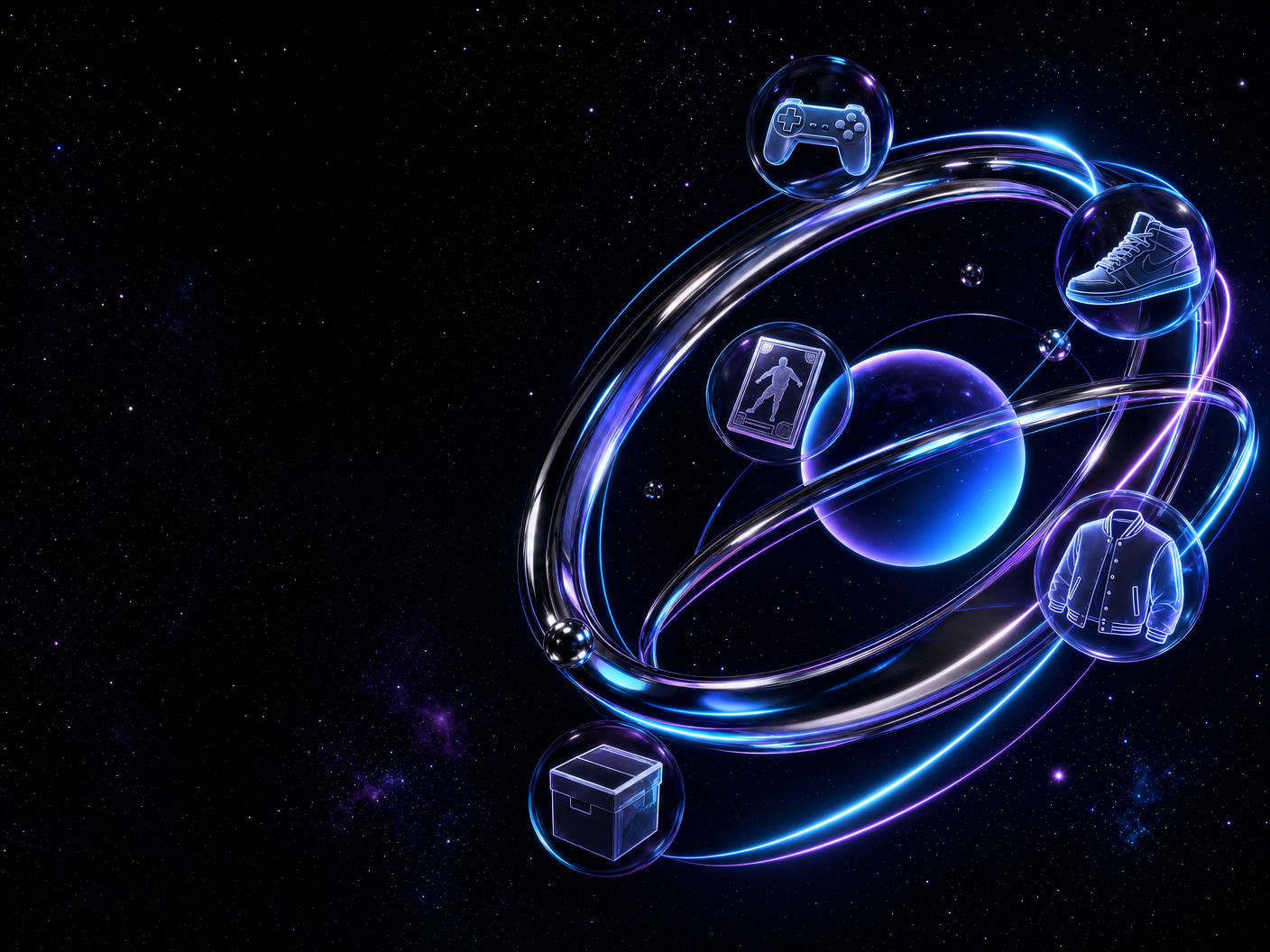 Chrome retro collectibles orbiting in a cosmic arcade scene